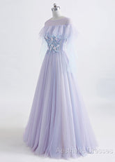 A-Line/Princess Tulle Jewel Floor-Length Evening Prom Dresses With Beaded Lace Appliques